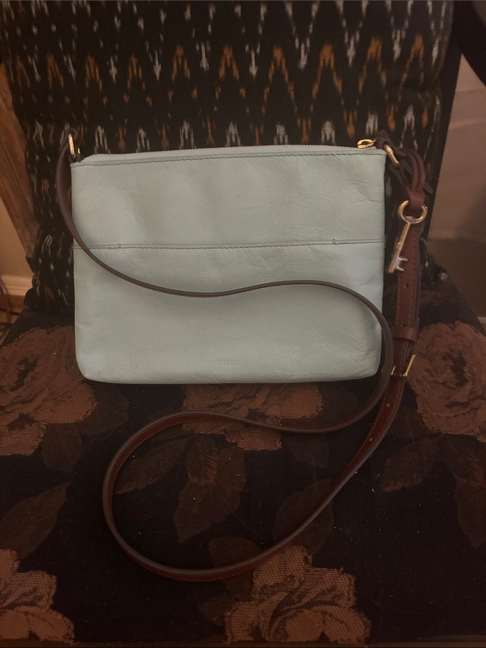 Fossil Pale Blue Leather Crossbody with Brown Strap